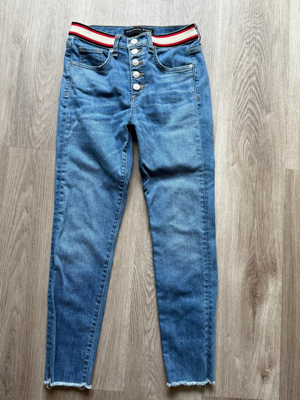 Veronica Beard Jeans, size 25/0, denim w/ red white & blue band at waist, skinny